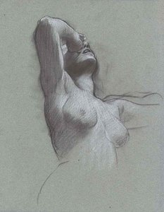 Une femme nue, mi-longueur, avec sa main levée vers ses yeux